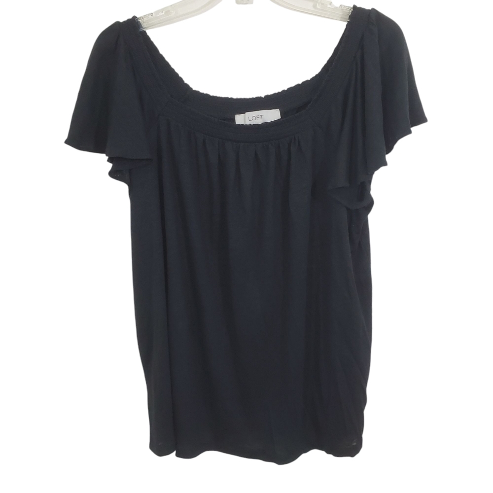 NWT LOFT 100% Linen Smocked Square Neck Top Black Large Boho Casual